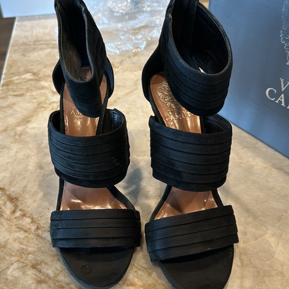 Vince Camuto black heels with three straps. Size 7 1/2. Black suede. - Picture 3 of 4